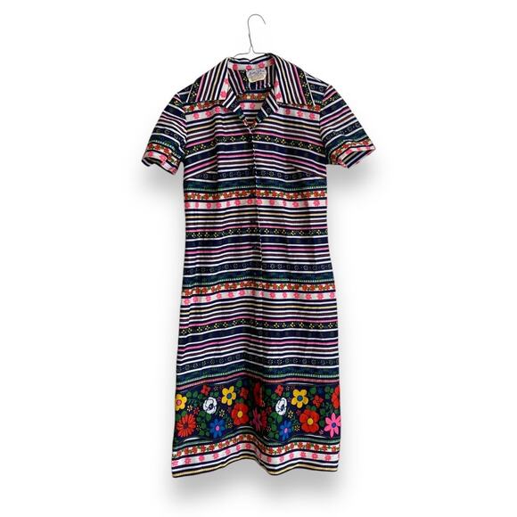 Vintage 60s Nelly Don Floral Stripe Shirt Dress USA Made ILGWU Tag Size Medium - Picture 2 of 16